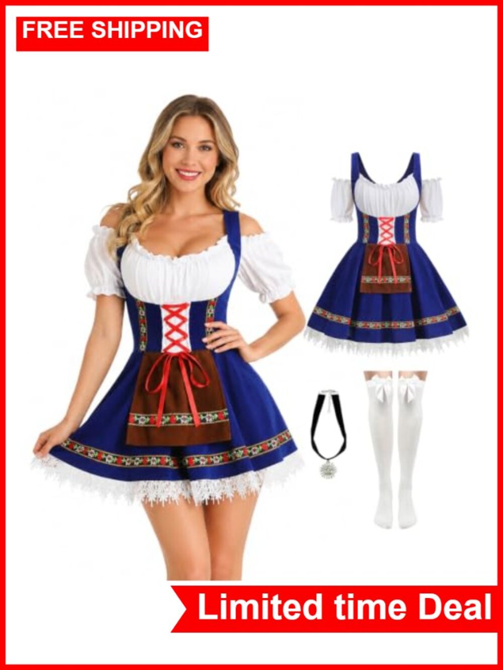 Women's Oktoberfest Dirndl Dress Costume with Apron Socks Necklace